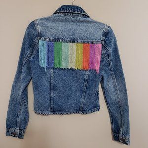 Tiana NY Rainbow Beaded Fringe Washed Denim Jean Jacket Womens Size Small